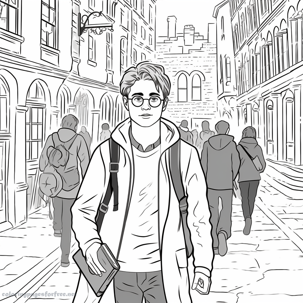 Beautiful coloring of highly detailed Harry Potter walking