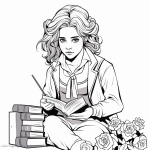 Hermione Granger at the library coloring page for children