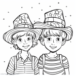 Very simple coloring page of kids wearing american hats