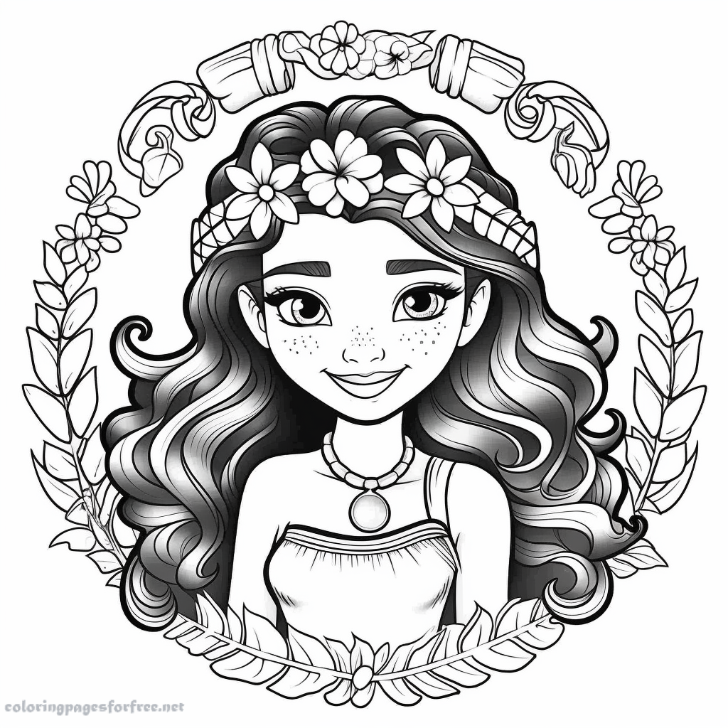 Moana with hawaiian wreath on her head to color