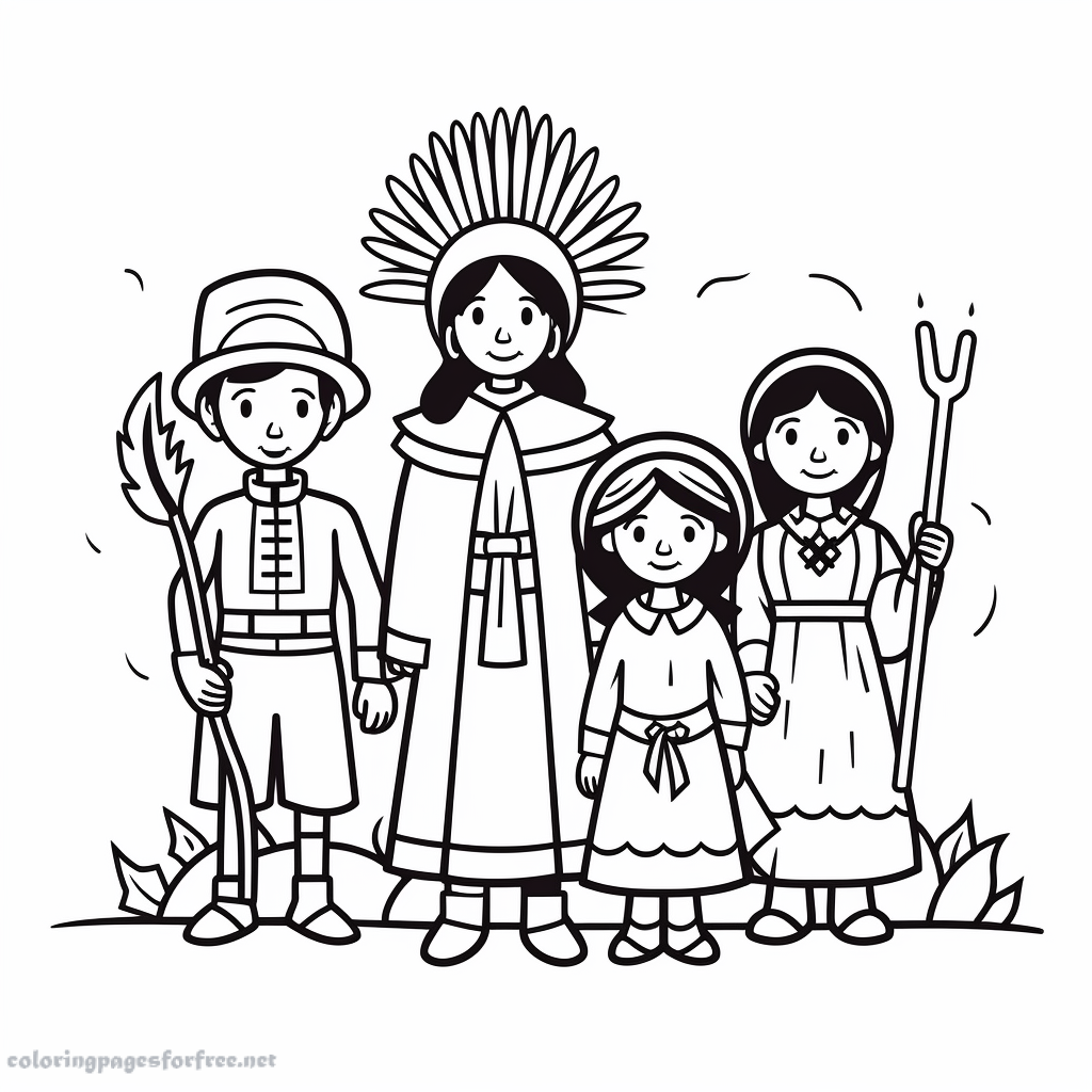 Very simple coloring page of pilgrims and native american people on thanksgiving