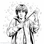 Beautiful coloring of highly detailed Ron Weasley practicing spells