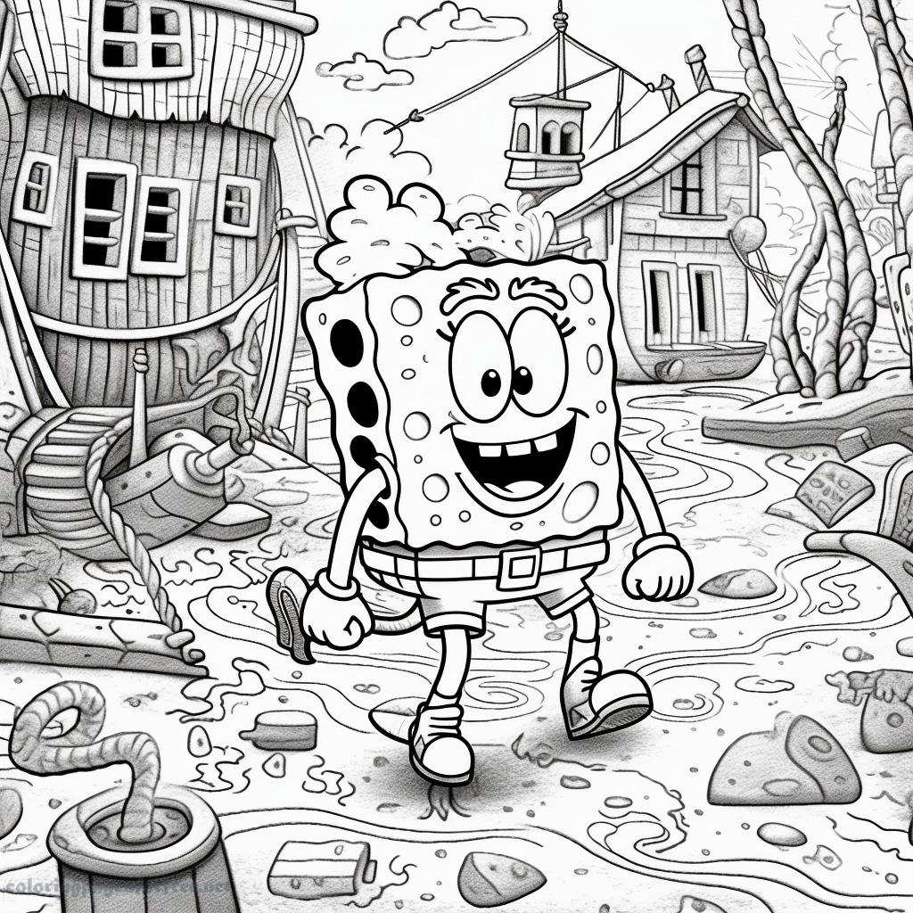Beautiful coloring of highly detailed Spongebob walking under the sea