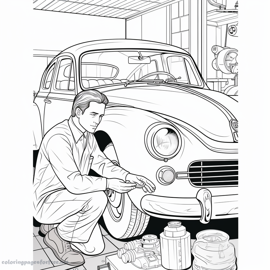 Auto mechanic fixing a car to print and color