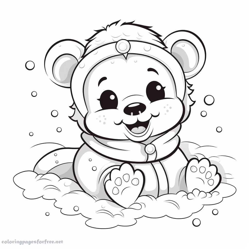 Cute and funny bear in snow in winter to color