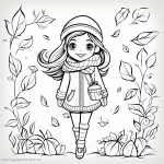 Coloring page with few details for kids girl in autumn
