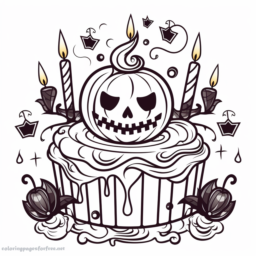 Cake with spooky decorations to print and color for free