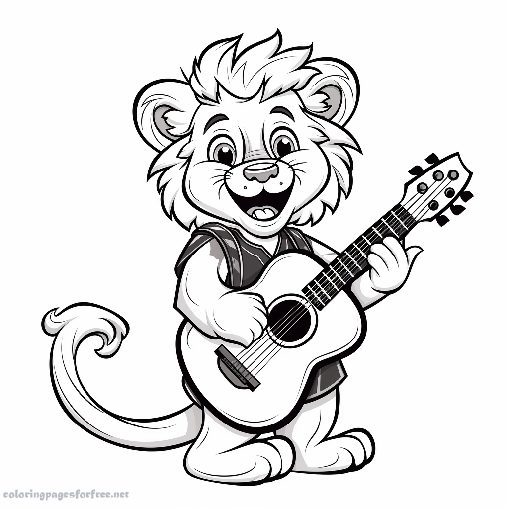 Lion playing a guitar coloring page to download for free