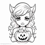 Cute devil woman holding a pumpkin coloring book to print and color