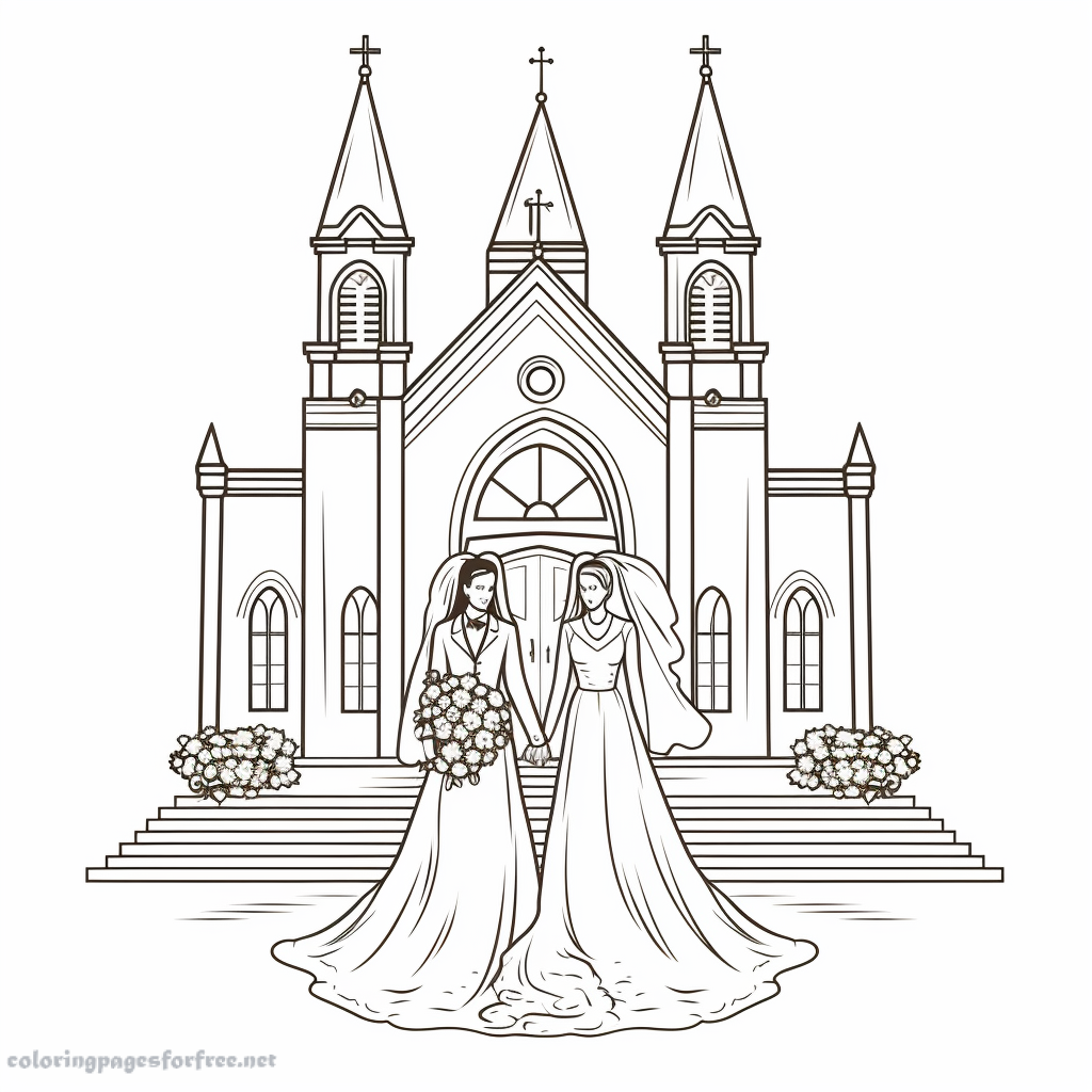 Coloring page wedding day in church for kids