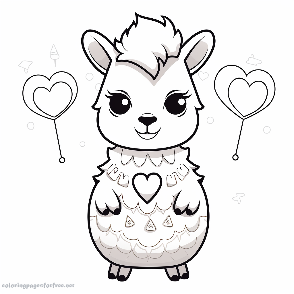 Simple coloring page of llama with a heart