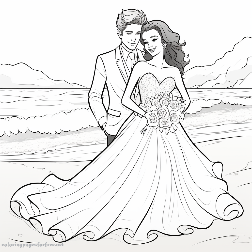 Just married couple walking on the beach coloring book to print and color