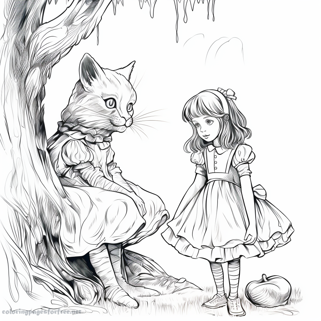 Alice and Cheshir cat coloring page for children